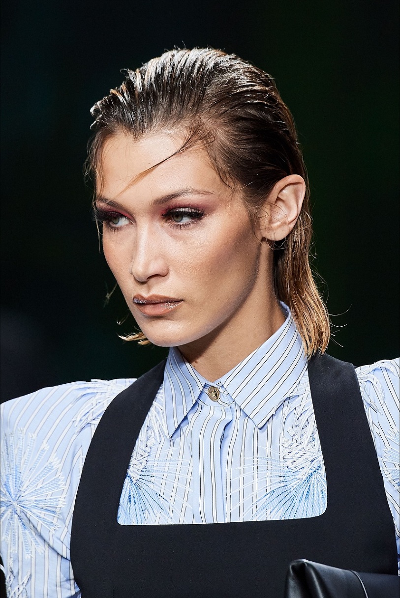 Bella-Hadid wet look hair versace